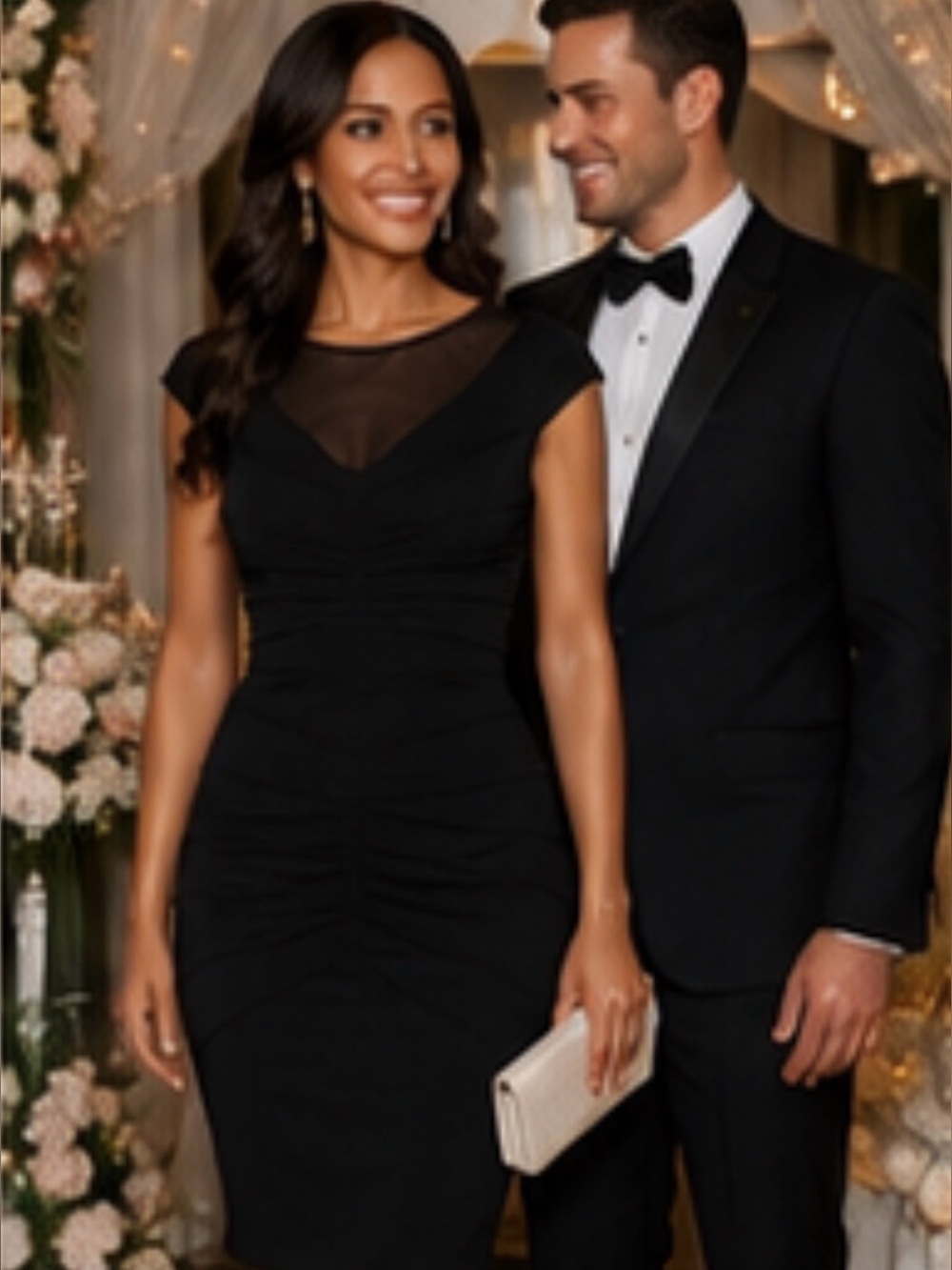 EUC Black Mesh Yoke Bodycon Cocktail Dress | Elegant Fitted Midi Dress | Size M - Picture 2 of 12
